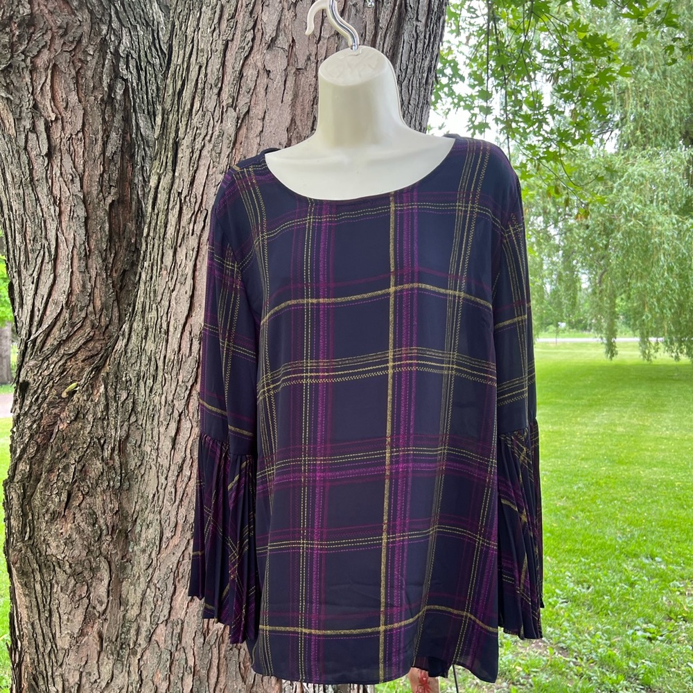 Susan Graver plaid semi sheer blouse flowy sleeves 12